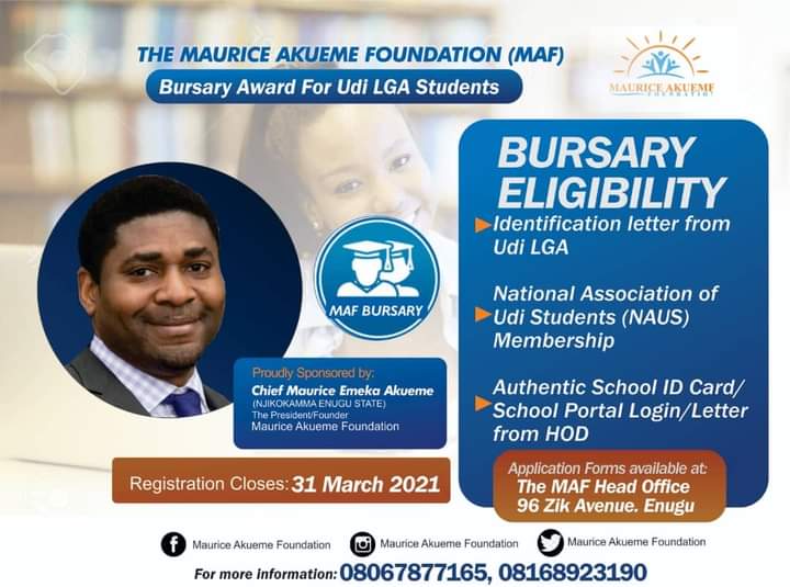 Maurice Akueme Foundation(MAF) Bursary Award For Udi Local Government Area Students in its Continuous Support to the Executive Governor of Enugu State on Education